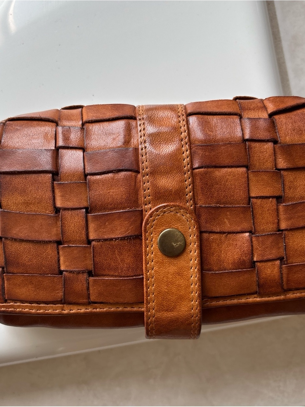 Woven Leather Wallet Clutch in Cognac